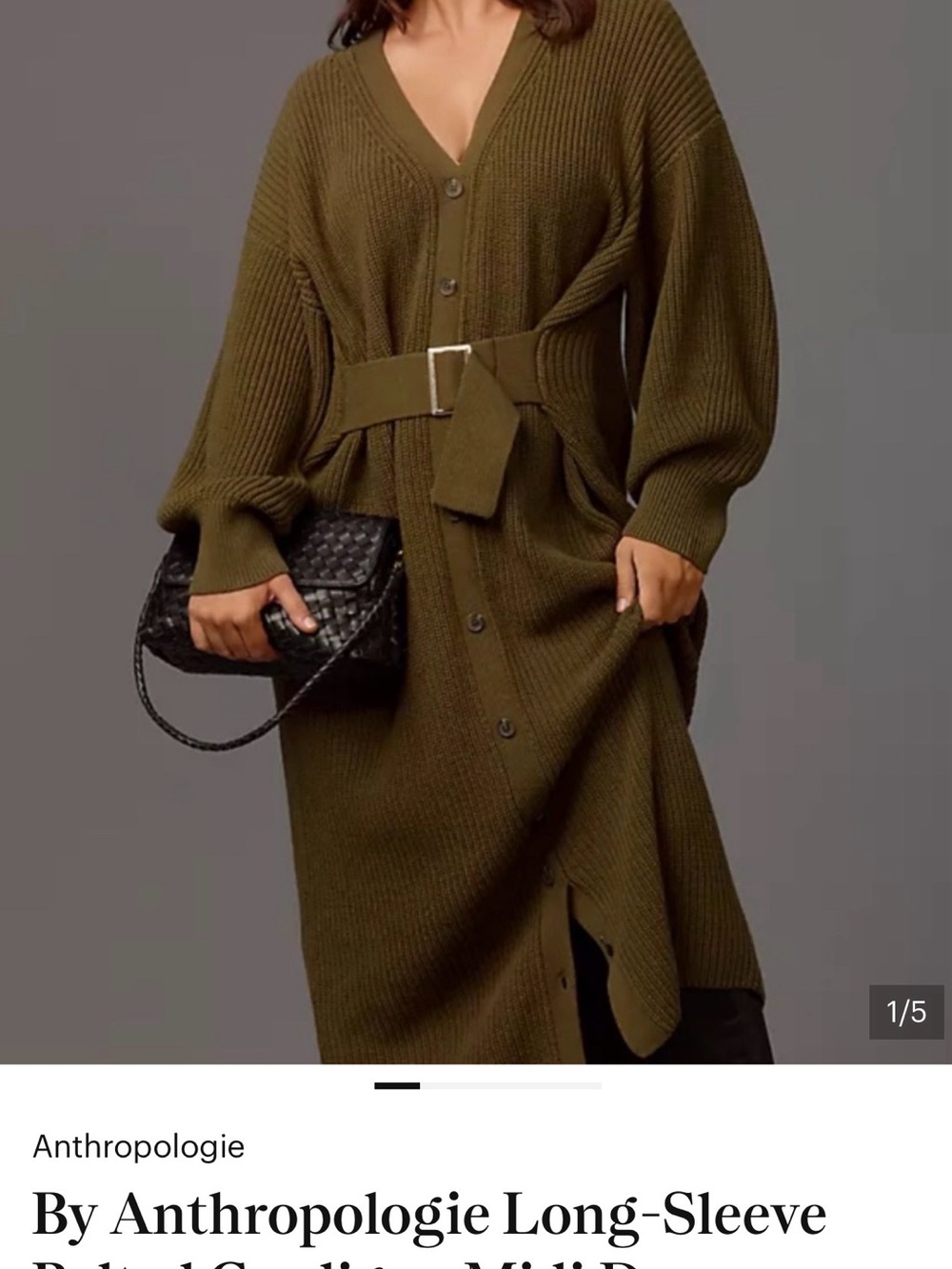 Anthropologie Olive Ribbed Button-Front Knit Dress with Belt